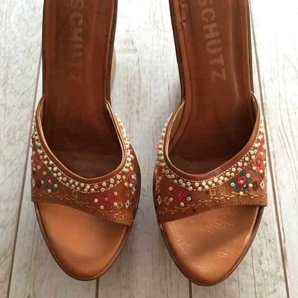 SCHUTZ Shoes - SCHUTZ Wood Wedge Heel Slip On Embellished Sandal